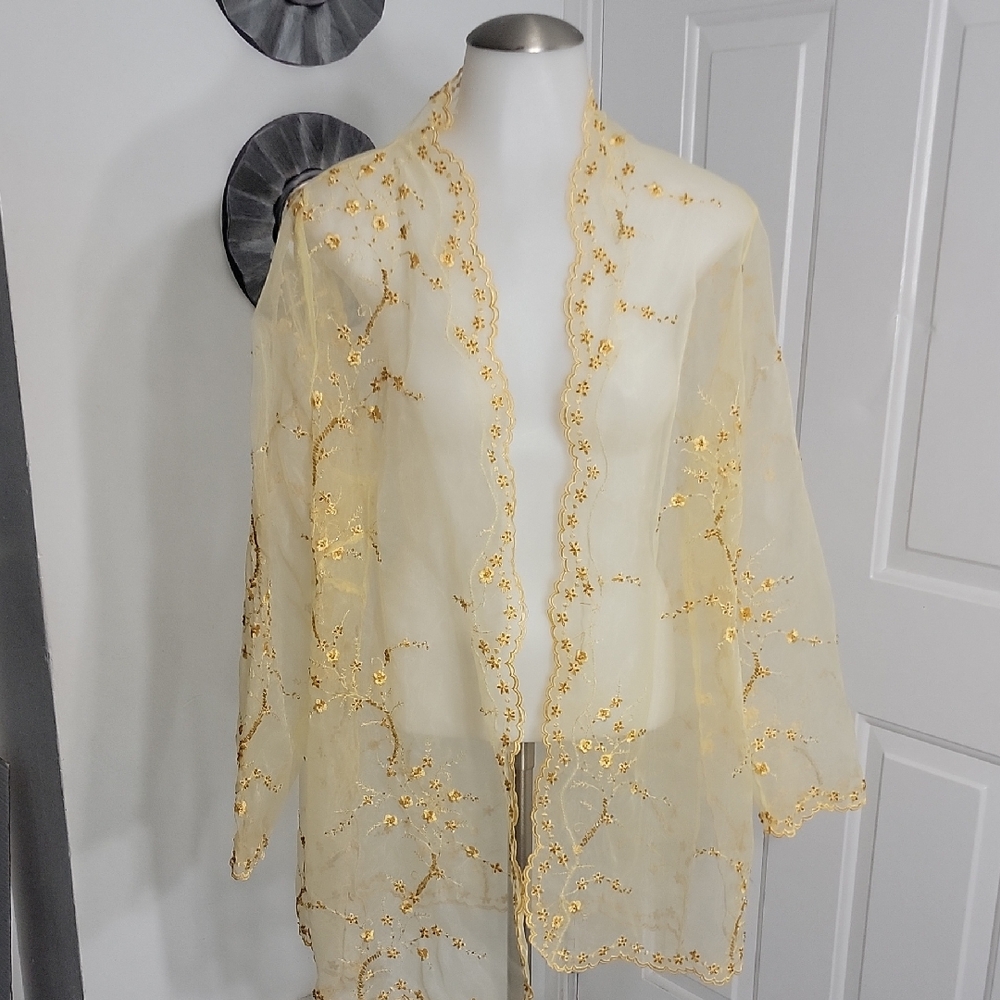Vintage gold-embroidered Floral Scalloped Edge organza sheer mesh jacket Size L